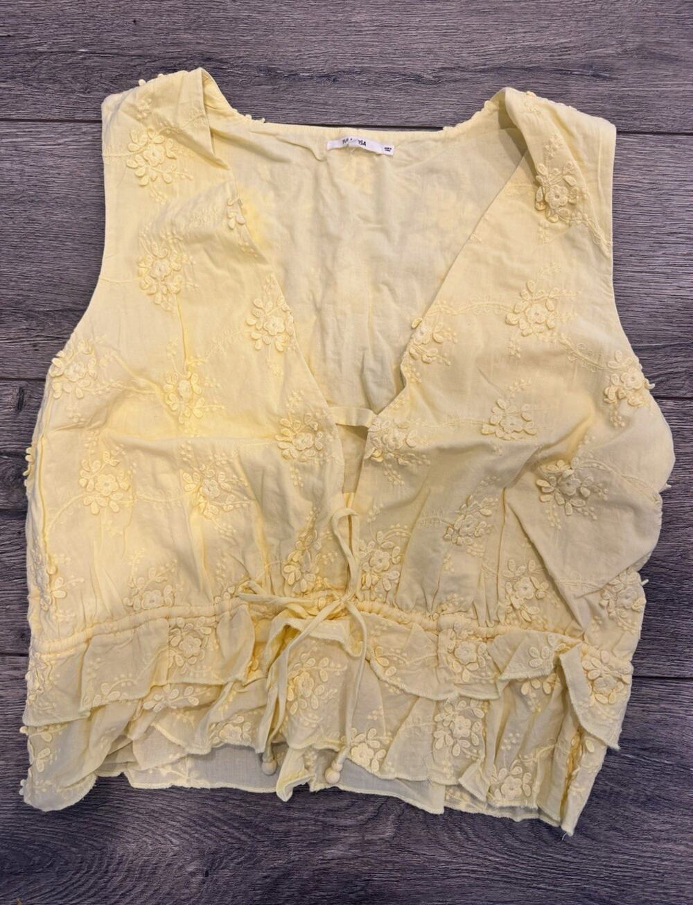 Tularosa Yellow Floral Embroidered Sleeveless Tie Front V-Neck Blouse XL